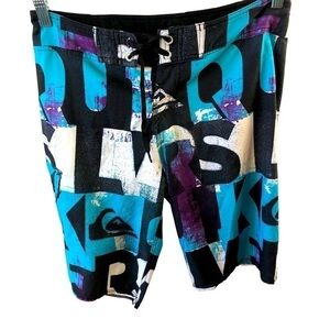 Quicksilver Board Shorts Men 34 Blue Black Purple Graffiti Design Lace Tie Front